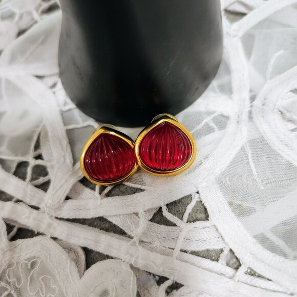 Red Costume Stud Earrings on Gold Tone Base Bright Bold Jewelry - Picture 4 of 8